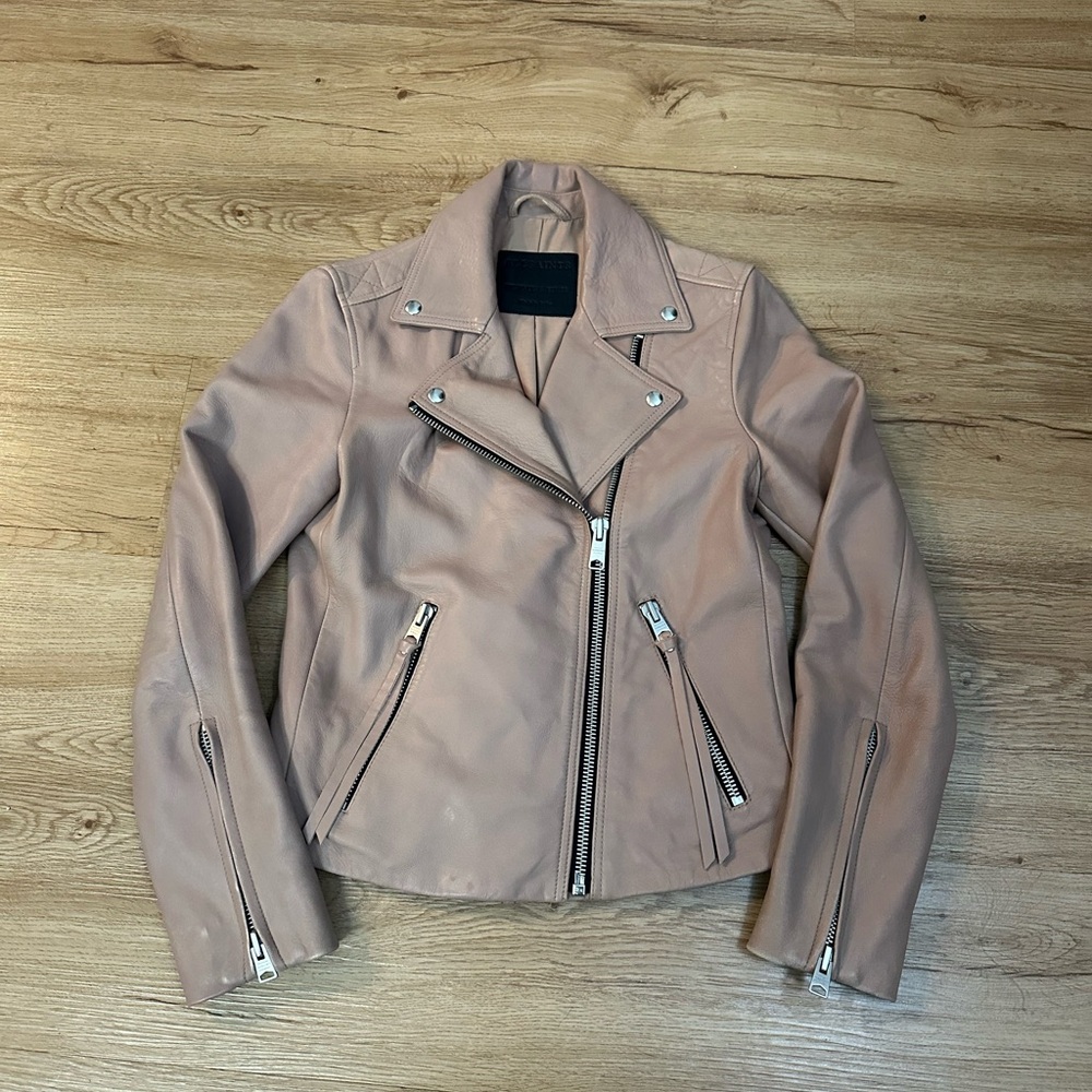 ALLSAINTS Daisy Biker Leather Jacket Blush Pink Moto Asymmetrical Zip Size 6